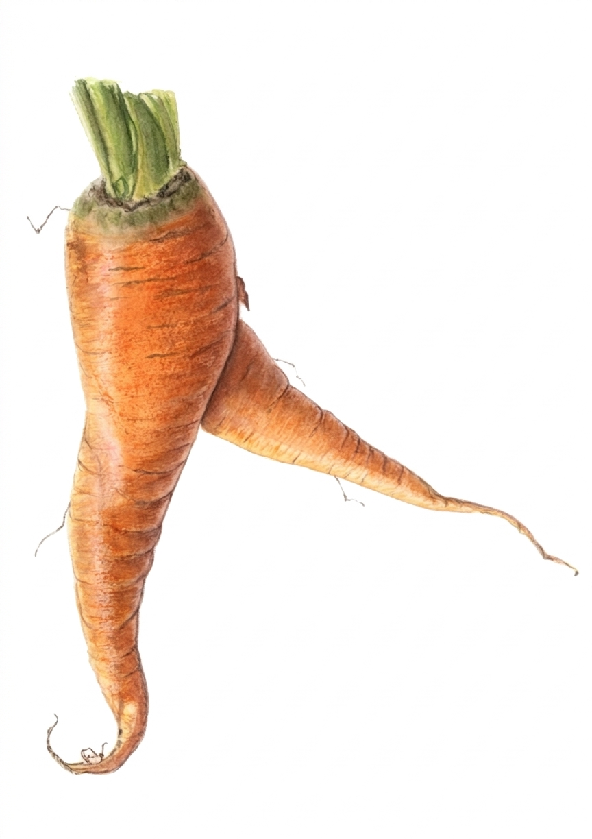 Scatig Carrot, a watercolour painting of a carrot with personality, by Inessa Falina
