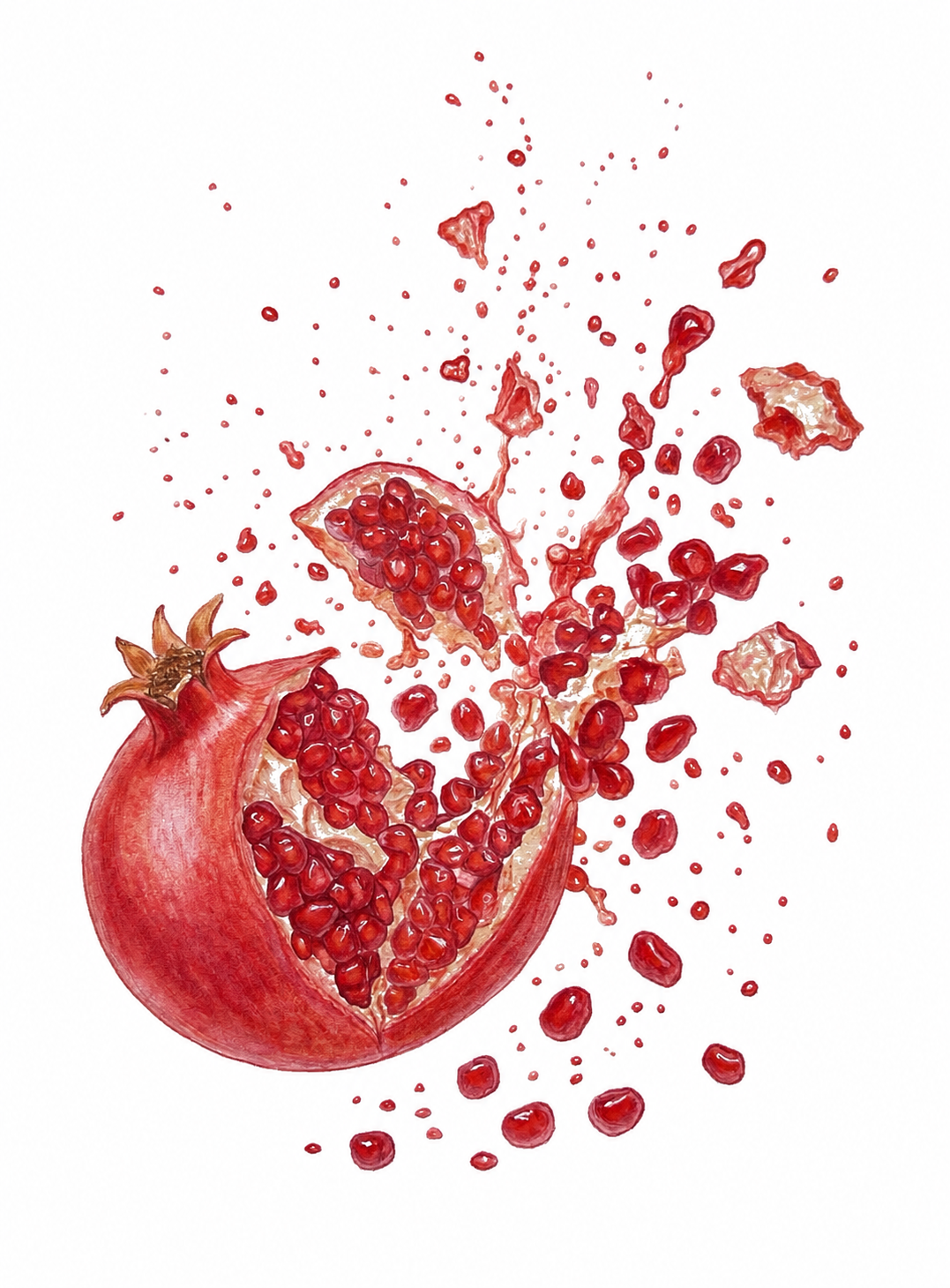 Juicy Scandal, a watercolour painting of a pomegranate with an expressive, human-like face, by Inessa Falina